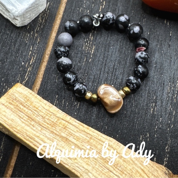 Black onyx charms gold beaded boho ring - Picture 1 of 2